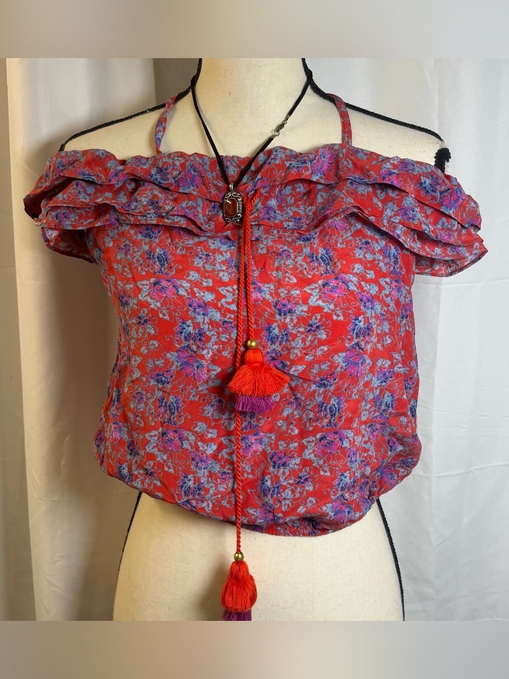 FIGUE 100% Silk Floral Ruffled Tassel Tank Top Blouse Off Shoulder S XS Floral